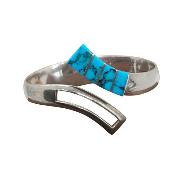 Vtg Mexico 950 Silver Inlay Turquoise Hinged Cuff Bracelet 57.6 g - Picture 1 of 9